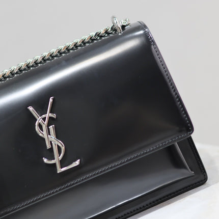 YSL 25S SUNSET MEDIUM 22 IN BLACK SHINY CALFSKIN SILVER HARDWARE