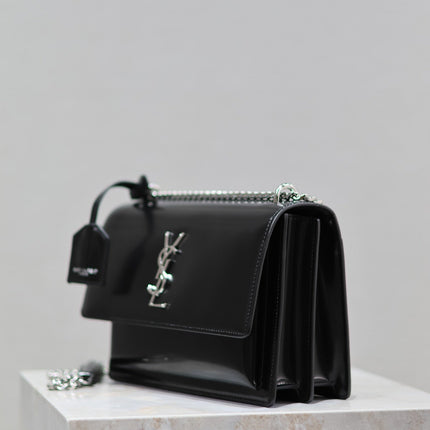 YSL 25S SUNSET MEDIUM 22 IN BLACK SHINY CALFSKIN SILVER HARDWARE