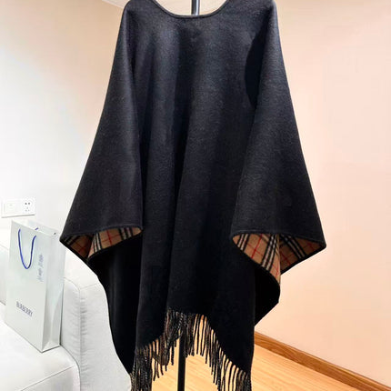 BURBERRY 26S REVERSIBLE CHECK FRINGED CAPE 150CM IN CASHMERE 309447