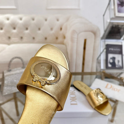 DIOR 26S  FLAT SLIDE SANDALS IN GOLD CALFSKIN WITH GOLD HARDWARE