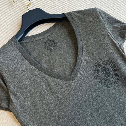 CHROMEHEARTS GRAY SHORT-SLEEVE V-NECK COTTON T-SHIRT