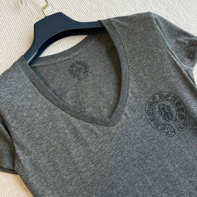 CHROMEHEARTS GRAY SHORT-SLEEVE V-NECK COTTON T-SHIRT