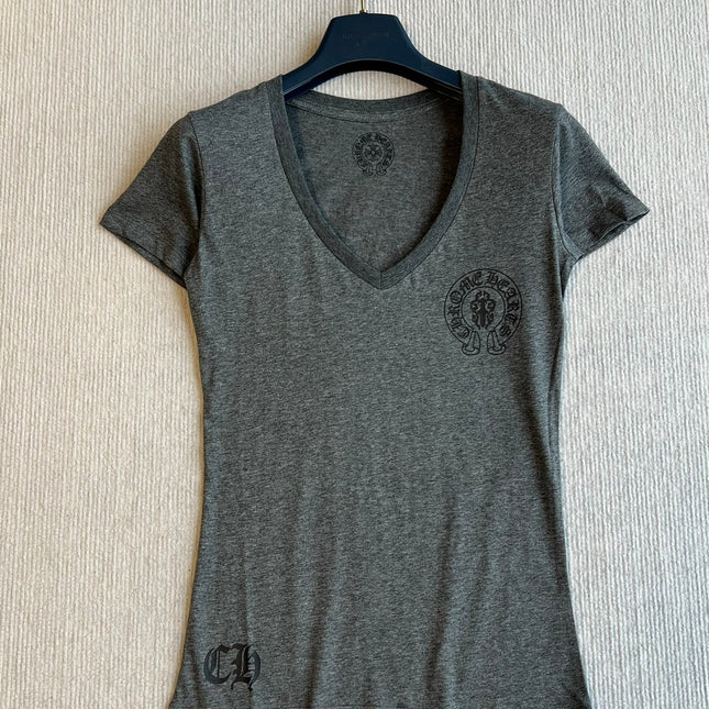 CHROMEHEARTS GRAY SHORT-SLEEVE V-NECK COTTON T-SHIRT