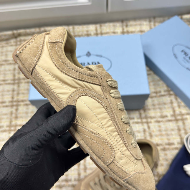 PRADA 26S LOW TOP SNEAKERS IN OLIVE BROWN NYLON AND SUEDE