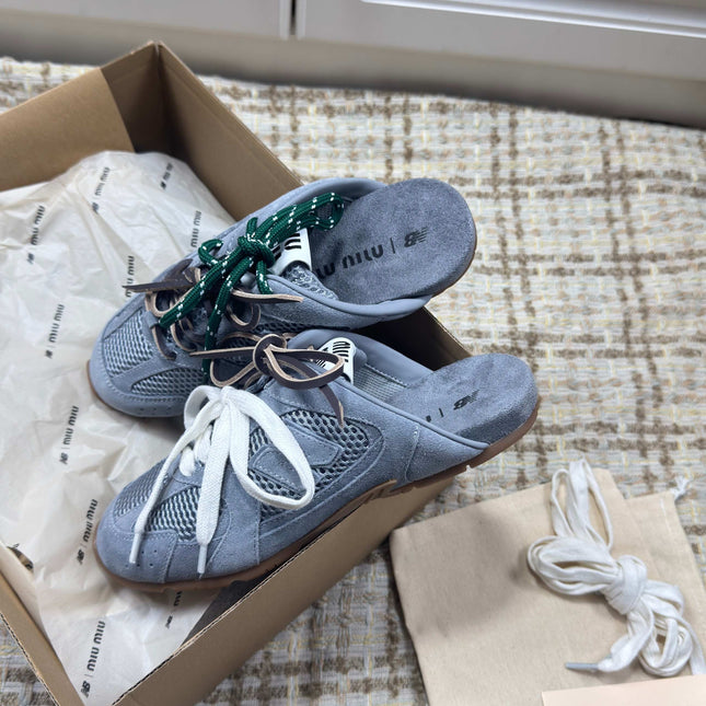 MIUMIU 26S NEW BALANCE SNEAKER MULES IN DUSTY BLUE SUEDE AND MESH