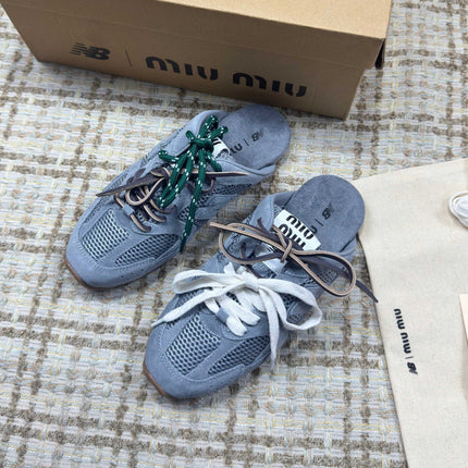 MIUMIU 26S NEW BALANCE SNEAKER MULES IN DUSTY BLUE SUEDE AND MESH
