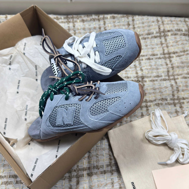 MIUMIU 26S NEW BALANCE SNEAKER MULES IN DUSTY BLUE SUEDE AND MESH