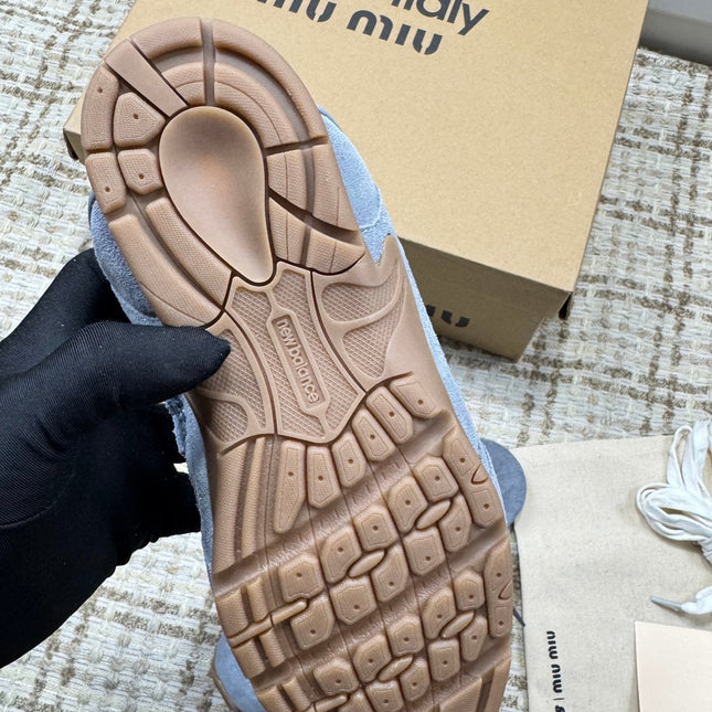MIUMIU 26S NEW BALANCE SNEAKER MULES IN DUSTY BLUE SUEDE AND MESH