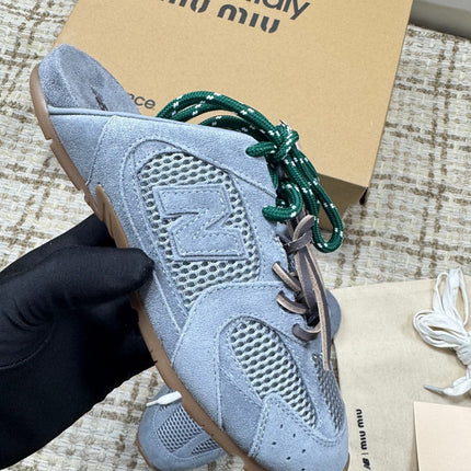 MIUMIU 26S NEW BALANCE SNEAKER MULES IN DUSTY BLUE SUEDE AND MESH