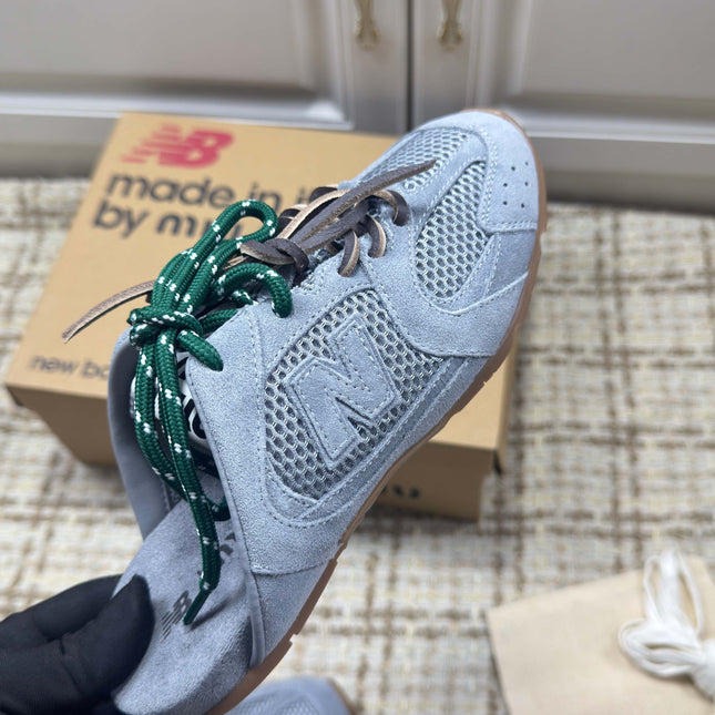 MIUMIU 26S NEW BALANCE SNEAKER MULES IN DUSTY BLUE SUEDE AND MESH