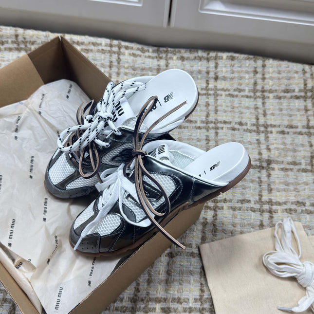 MIUMIU 26S NEW BALANCE SNEAKER MULES IN WHITE MESH AND DARK SILVER CALFSKIN