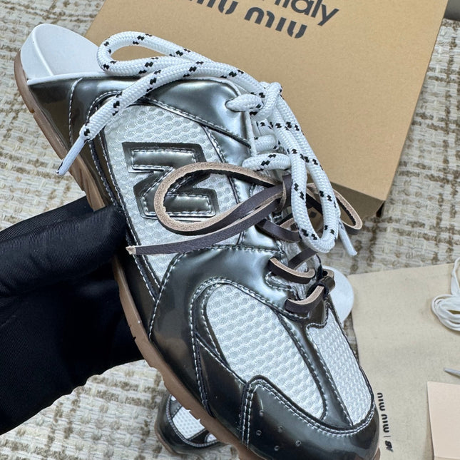 MIUMIU 26S NEW BALANCE SNEAKER MULES IN WHITE MESH AND DARK SILVER CALFSKIN