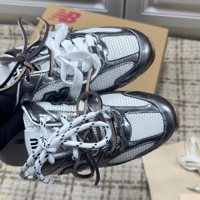 MIUMIU 26S NEW BALANCE SNEAKER MULES IN WHITE MESH AND DARK SILVER CALFSKIN