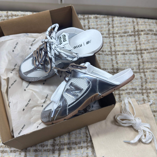MIUMIU 26S NEW BALANCE SNEAKER MULES IN WHITE MESH AND SILVER CALFSKIN