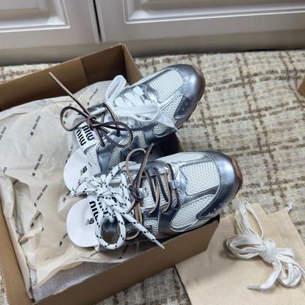 MIUMIU 26S NEW BALANCE SNEAKER MULES IN WHITE MESH AND SILVER CALFSKIN