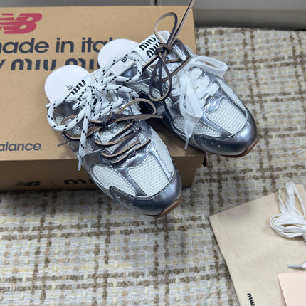 MIUMIU 26S NEW BALANCE SNEAKER MULES IN WHITE MESH AND SILVER CALFSKIN