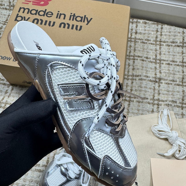 MIUMIU 26S NEW BALANCE SNEAKER MULES IN WHITE MESH AND SILVER CALFSKIN