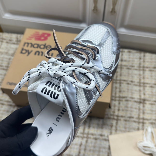 MIUMIU 26S NEW BALANCE SNEAKER MULES IN WHITE MESH AND SILVER CALFSKIN