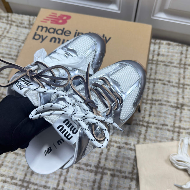 MIUMIU 26S NEW BALANCE SNEAKER MULES IN WHITE MESH AND SILVER CALFSKIN