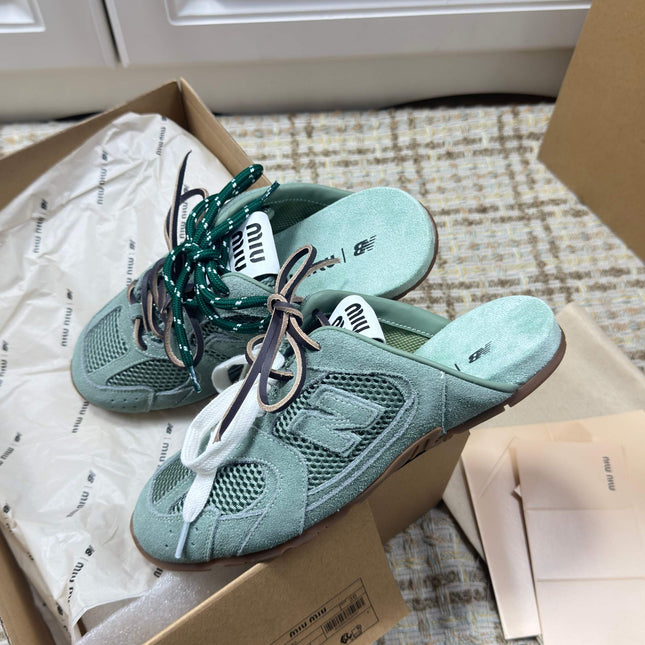 MIUMIU 26S NEW BALANCE SNEAKER MULES IN MINT GREEN SUEDE AND MESH