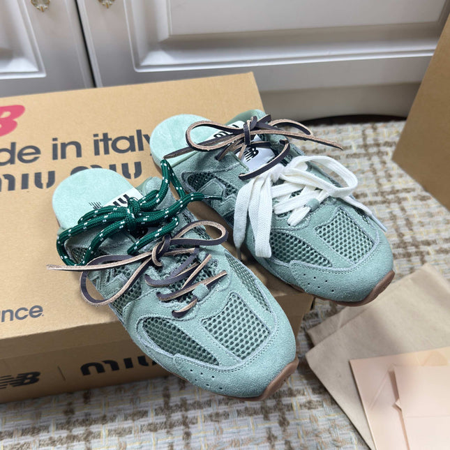 MIUMIU 26S NEW BALANCE SNEAKER MULES IN MINT GREEN SUEDE AND MESH