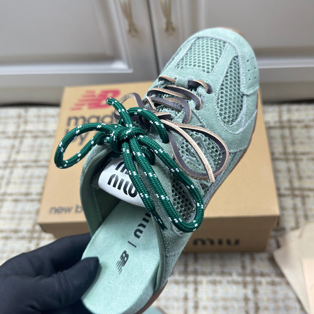 MIUMIU 26S NEW BALANCE SNEAKER MULES IN MINT GREEN SUEDE AND MESH