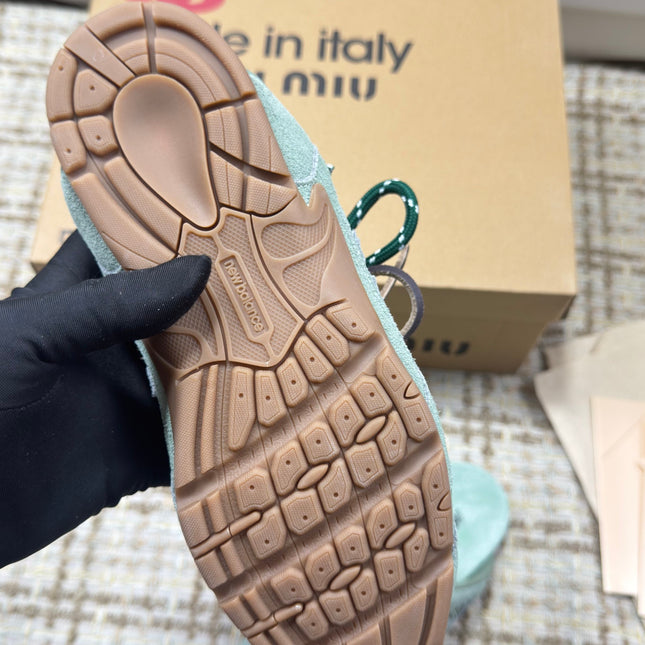 MIUMIU 26S NEW BALANCE SNEAKER MULES IN MINT GREEN SUEDE AND MESH
