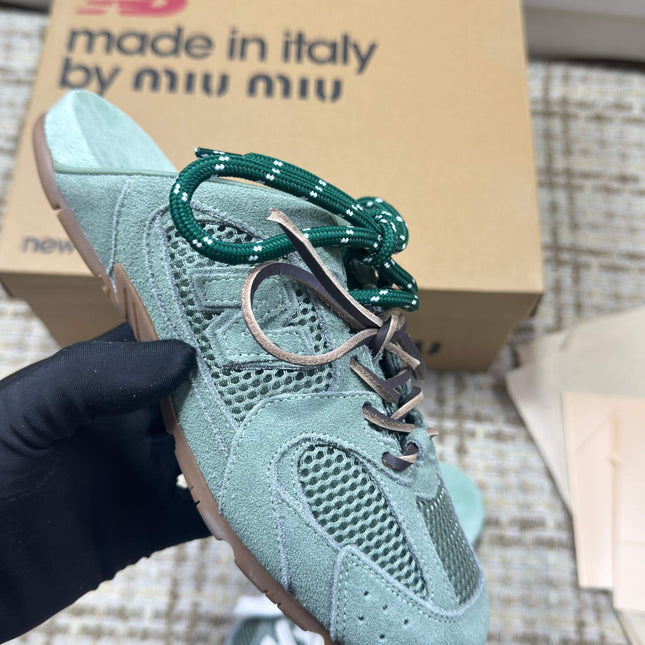 MIUMIU 26S NEW BALANCE SNEAKER MULES IN MINT GREEN SUEDE AND MESH