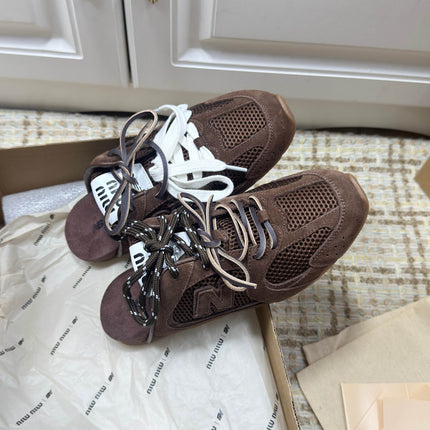 MIUMIU 26S NEW BALANCE SNEAKER MULES IN DARK BROWN SUEDE AND MESH