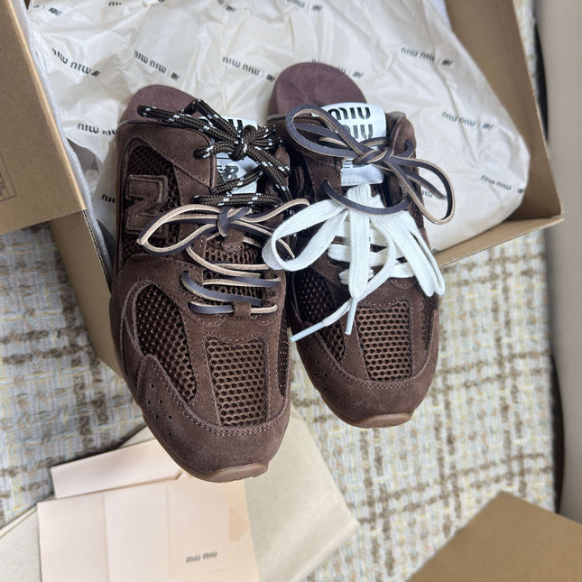 MIUMIU 26S NEW BALANCE SNEAKER MULES IN DARK BROWN SUEDE AND MESH