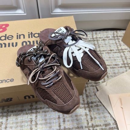 MIUMIU 26S NEW BALANCE SNEAKER MULES IN DARK BROWN SUEDE AND MESH