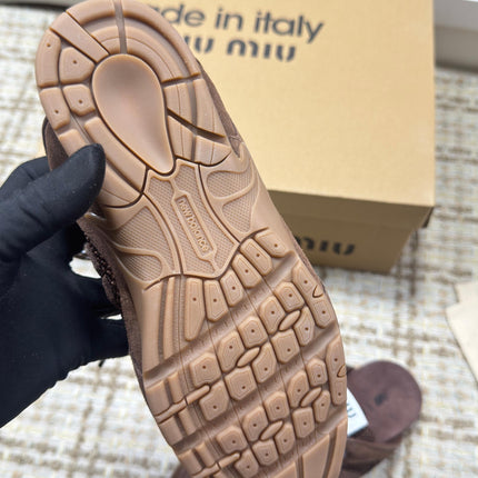 MIUMIU 26S NEW BALANCE SNEAKER MULES IN DARK BROWN SUEDE AND MESH