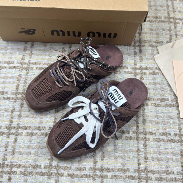 MIUMIU 26S NEW BALANCE SNEAKER MULES IN DARK BROWN SUEDE AND MESH