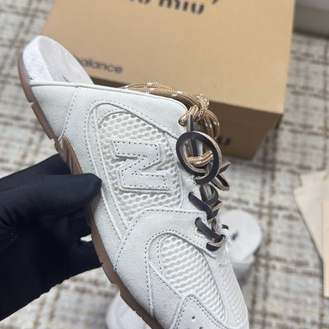MIUMIU 26S NEW BALANCE SNEAKER MULES IN CREAM WHITE SUEDE AND MESH