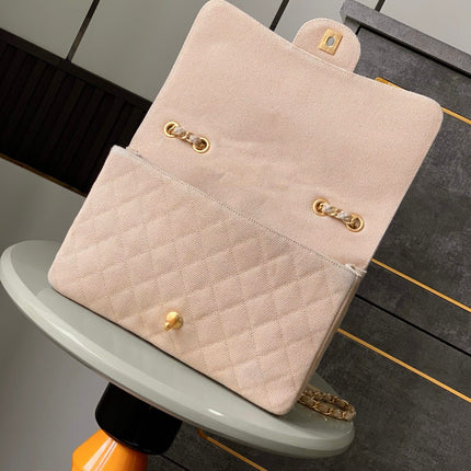 CHANEL 25S CLASSIC FLAP 26 CM IN LIGHT BEIGE CANVAS EMBROIDERED MOTIF WITH GOLD HARDWARE