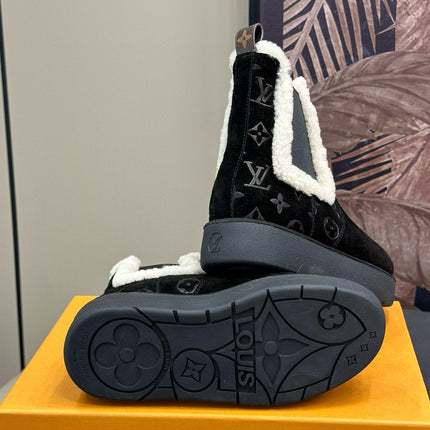 ASPEN CHELSEA ANKLE BOOTS IN BLACK MONOGRAM-DEBOSSED SUEDE
