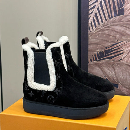 ASPEN CHELSEA ANKLE BOOTS IN BLACK MONOGRAM-DEBOSSED SUEDE