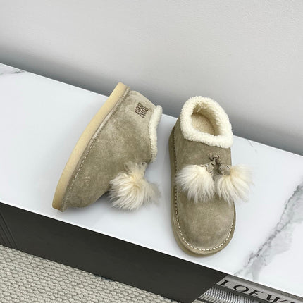MIUMIU 26S ANKLE SHEARLING BOOTS IN TAUPE BEIGE SUEDE