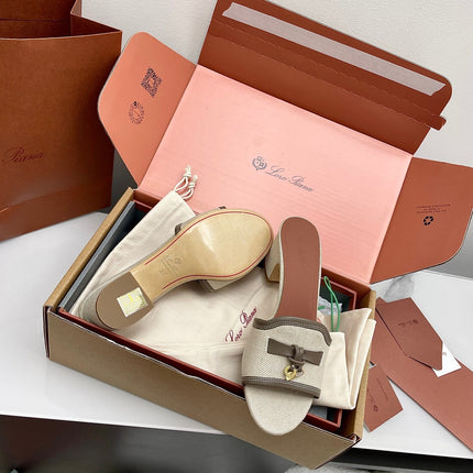 LP 26S HIGH HEEL SANDALS IN LIGHT BEIGE CANVAS AND GREY CALFSKIN