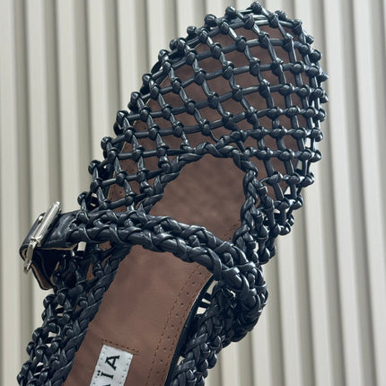 ALAIA MARY JANE FLATS 25S IN BLACK MESH CALSKIN WITH SILVER HARDWARE