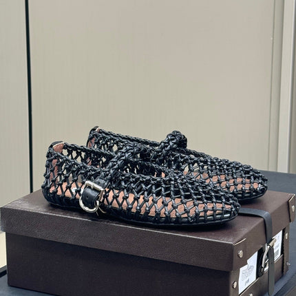 ALAIA MARY JANE FLATS 25S IN BLACK MESH CALSKIN WITH SILVER HARDWARE