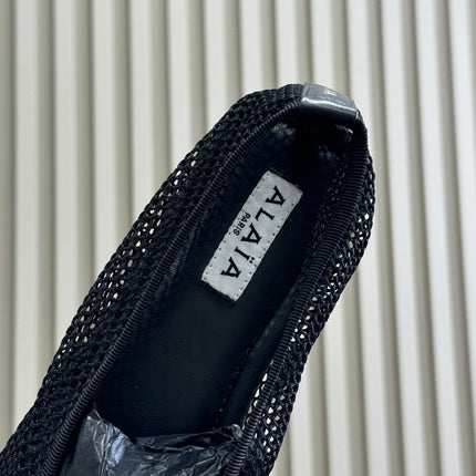 ALAIA FISHNET MESH BALLET FLATS 25S IN BLACK FABRIC