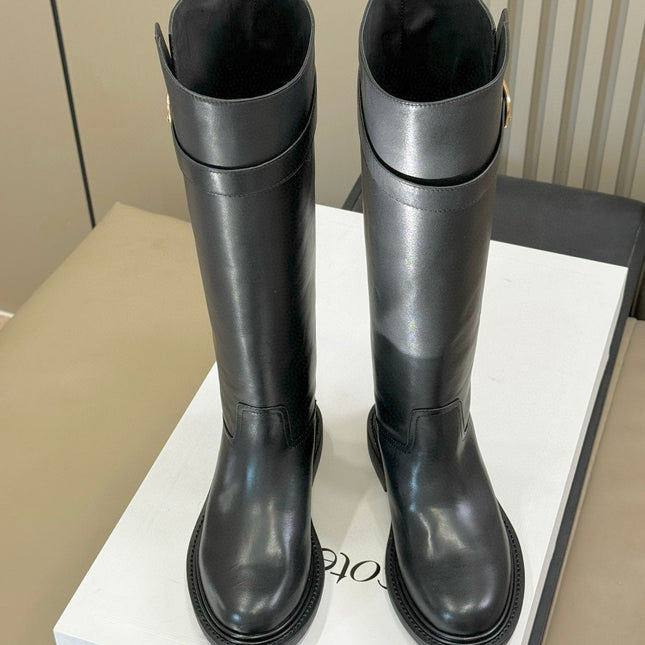CELINE 26S HIGH-TOP BOOTS IN BLACK CALFSKIN WITH GOLD HARDWARE