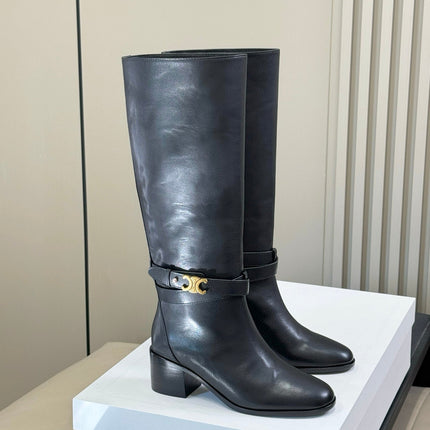 CELINE 26S HIGH-TOP HEELED BOOTS IN BLACK CALFSKIN