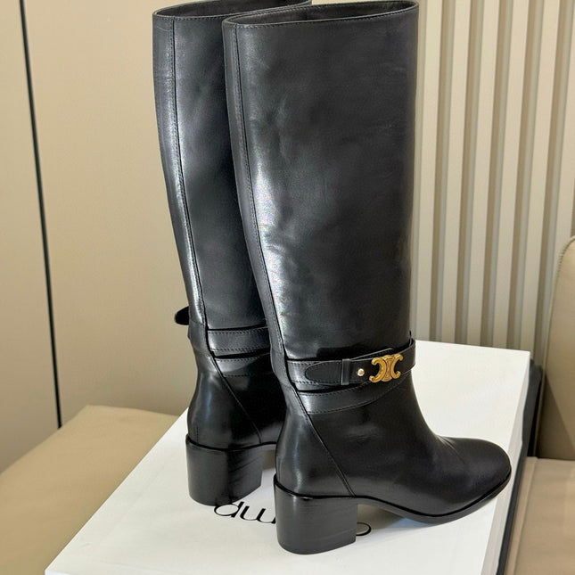 CELINE 26S HIGH-TOP HEELED BOOTS IN BLACK CALFSKIN
