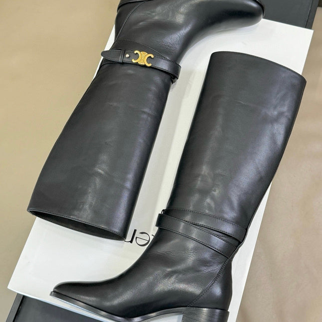 CELINE 26S HIGH-TOP HEELED BOOTS IN BLACK CALFSKIN