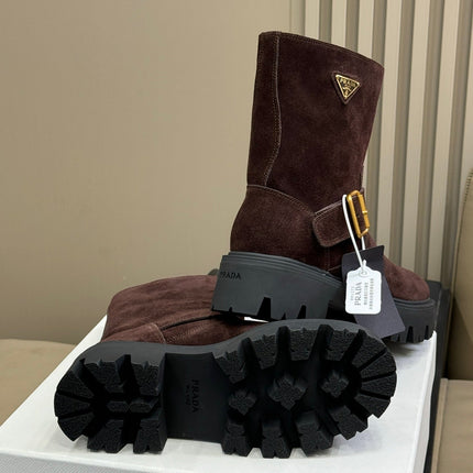 PRADA 25S PLATFORM ANKLE BOOTS IN DARK BROWN SUEDE WITH GOLD HARDWARE