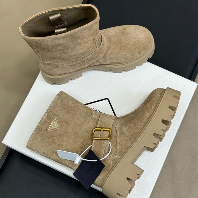 PRADA 25S PLATFORM ANKLE BOOTS IN DARK BEIGE SUEDE WITH GOLD HARDWARE