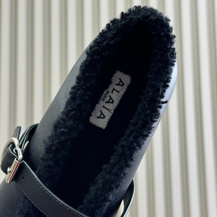 ALAIA 25S MARY JANE SHEARLING FLATS IN BLACK CALFSKIN