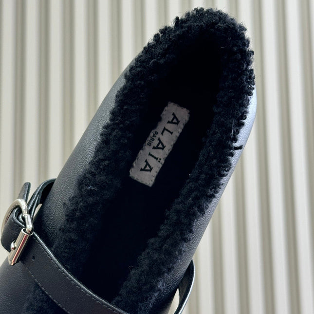 ALAIA 25S MARY JANE SHEARLING FLATS IN BLACK CALFSKIN